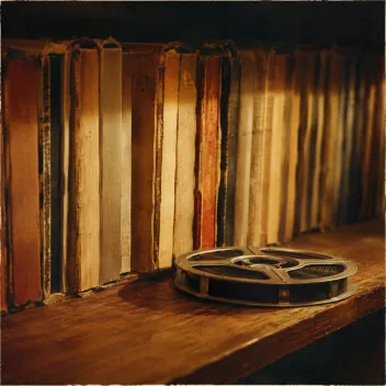 A row of archived reel-to-reel tape boxes on a timber shelf with a single metal tape reel resting in front, under warm light.