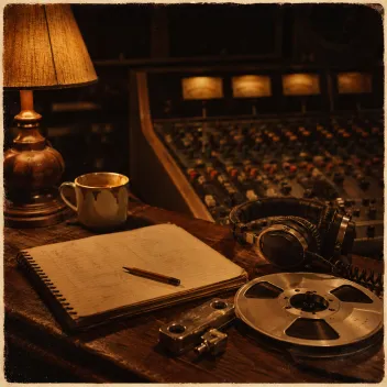 An open ruled notebook and pencil, a mug, studio headphones and a reel of tape on the timber top of an analogue mixing console, under warm lamplight.
