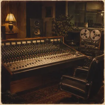A vintage recording studio: an analogue mixing console, a reel-to-reel tape machine, and studio monitors under warm lamplight.