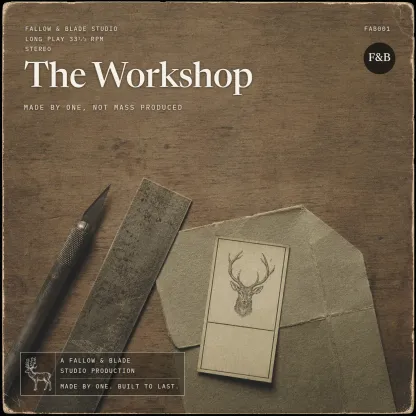 A maker’s bench: a scalpel, a steel rule, and an engraved deer card.